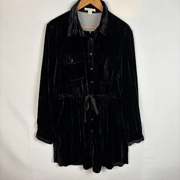 Coldwater Creek Tops - Coldwater Creek Black Velvet Button-Up Dress Shirt L 14-16 Rayon & Silk Striped